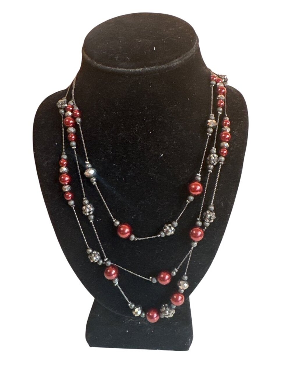Beaded Multi-Strand Necklace Burgundy & Metallic 90s Y2K Goth Sparkly Career